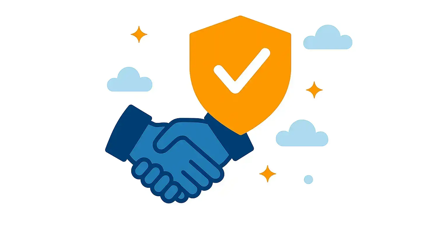 Handshake between two blue hands with orange shield and checkmark, clouds, and stars.