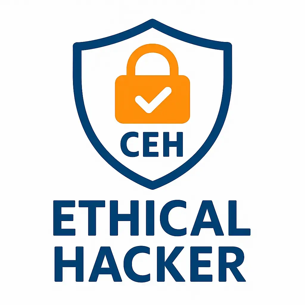 Shield emblem with "CEH," orange lock, checkmark, and "Ethical Hacker" text below.
